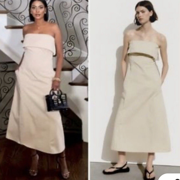 Zara Dresses & Skirts - Zara Cream Strapless Sheath Dress COTTON MIDI OFF SHOULDER Gabardine medium